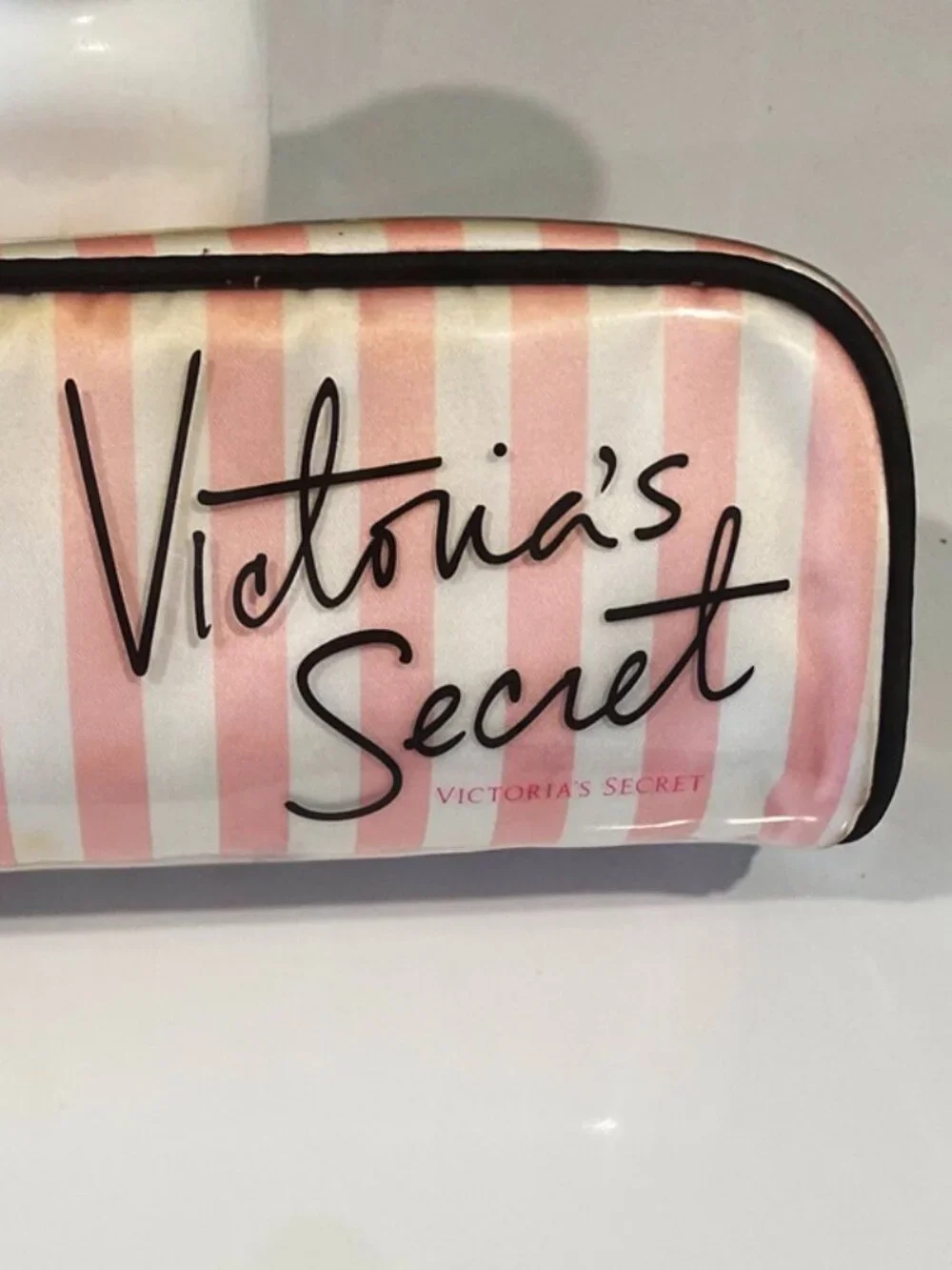 Victoria's Secret Cosmetic Bag Pink Stripe Black Trim Zip Top Lined Makeup Case